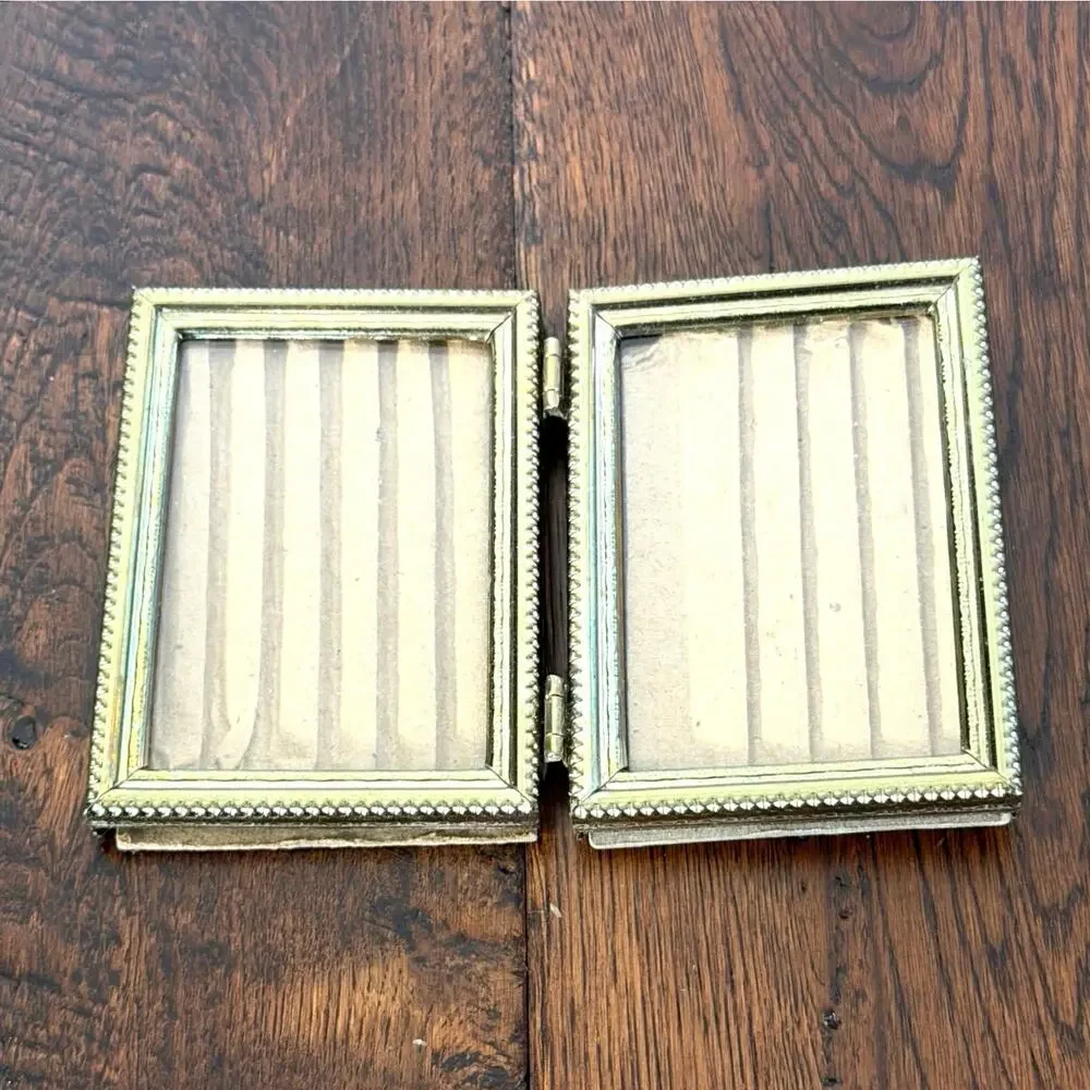 Vintage Double Hinged Gold Tone Mini Metal Picture Frame